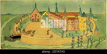 1926 farbige holländische Illustration von einem noch älteren Gemälde, das die Gefangennahme von Breda zeigt. Die Eroberung von Breda, auch bekannt als die Belagerung von Breda, war eine kurze Schlacht während des achtzigjährigen Krieges und des anglo-spanischen Krieges. Eine holländische und englische Armee unter der Führung von Maurice von Nassau eroberte die stark geschützte Stadt Breda mit einer kleinen Anzahl von Soldaten, die in einem entführten Torfkahn versteckt waren, der 1590 in den Graben segelte. Stockfoto