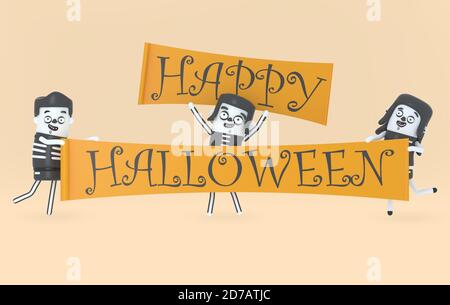 Junge Menschen in Kostümen mit Halloween-Banner. 3d-Illustration. Stockfoto