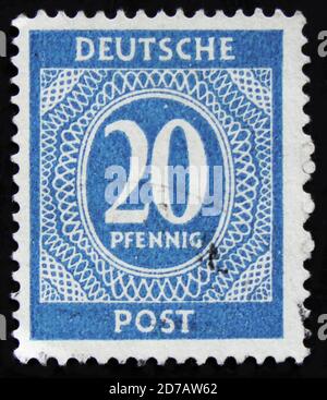 MOSKAU, RUSSLAND - 2. APRIL 2017: Eine Briefmarke aus der DDR zeigt Stockfoto