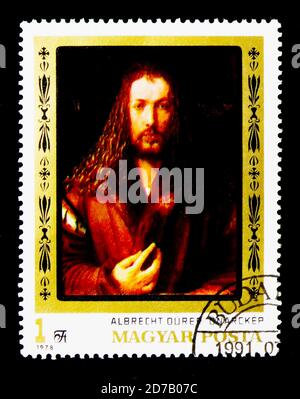 MOSKAU, RUSSLAND - 26. NOVEMBER 2017: Eine in Ungarn gedruckte Briefmarke zeigt Albrecht Durer, 450. Todestag Serie, um 1979 Stockfoto