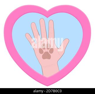 Hoch fünf. Menschliche Hand mit Hunden Pfote-Print in einem rosa Herz geformt Logo-Symbol - Comic-Illustration auf weißem Hintergrund. Stockfoto