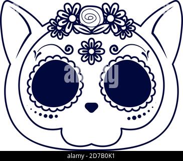 Traditionelle mexikanische Katze Schädel Kopf Linie Stil Symbol Vektor Illustration Design Stock Vektor
