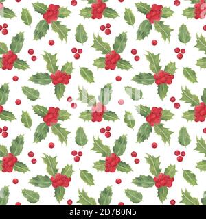 Holly Pflanze wiederholen Muster, rote Beeren, traditionelle Winterferien Aquarell Illustration, Blätter und Beeren, Ende des Jahres Feiern und Familientreffen Symbol, festliche Stimmung einfaches Muster Stockfoto