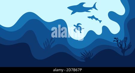 Abstrakter Hintergrund, Poster, Banner. Meer, Meer, Wellen mit Hai, Schildkröte und Fisch. Zusammensetzung von amorphen Formen, flüssigen Formen. Vektorfarbe. Stock Vektor