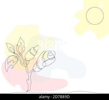 Fortlaufende eine-Linie-Zeichnung. Zeichnung der Blume und der Sonne mit den Aquarellflecken. Vektorgrafik. Konzept für Logo und Visitenkarte, Banner Stock Vektor