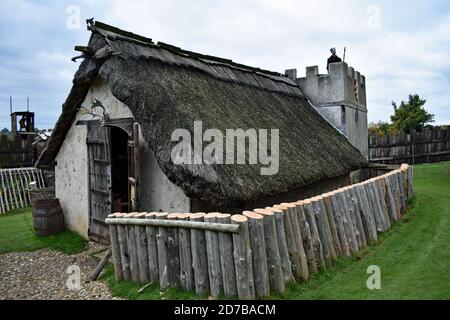 Die große Halle im Stansted Mountfitchet Castle in Essex, England. Die Burgmauern sind hinter dem strohgedeckten Dachgebäude zu sehen. Stockfoto