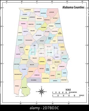 Alabama State skizzieren administrative und politische Vektor-Karte in Farbe Stock Vektor