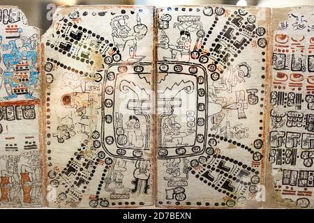 Madrid, Spanien - 11. Jul 2020: Madrid Codex Fragment bemalt mit Glyphen Schrift und Gottheiten. Seltenes überlebendes präkolumbianisches Maya-Buch. Museum des am Stockfoto