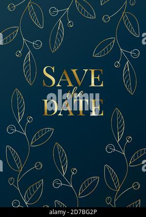 Luxus Hochzeit Einladung Design oder Grußkarte Vorlage mit goldenen Rosen auf einem marineblauen Hintergrund. Stock Vektor