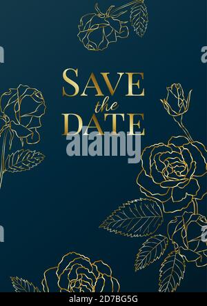 Luxus Hochzeit Einladung Design oder Grußkarte Vorlage mit goldenen Rosen auf einem marineblauen Hintergrund. Stock Vektor