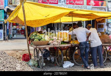 Straßenszene in der Stadt Jabalpur, Umaria Bezirk Madhya Pradesh: Typische Straßenrand Stand Verkauf von frischem Gemüse und Produkten aus der Region Stockfoto