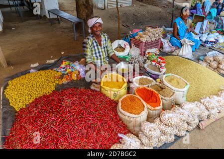 Stallholder sitzt an einem Stand, der rote Chilis, bunte Gewürze und lokale Produkte in einem Straßenmarkt in einem Dorf in Madhya Pradesh, Indien verkauft Stockfoto