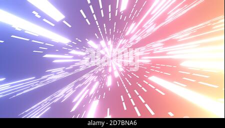 Abstrakte Glow Neonlinien und Streifen. Retro futuristischer Hintergrund. Abstrakter Hintergrund mit fliegenden neon leuchtenden Streifen. Farbverlauf violett-rosa-gelb Stockfoto