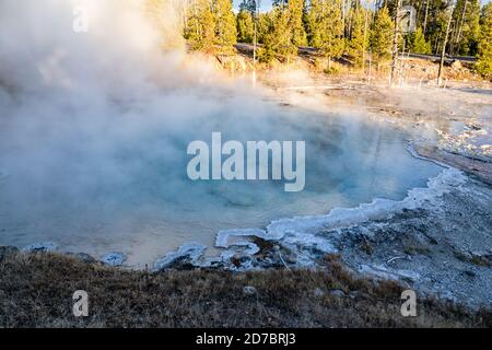 Blue Geothermal Pool dampfend im Yellowstone National Park, Wyoming Stockfoto