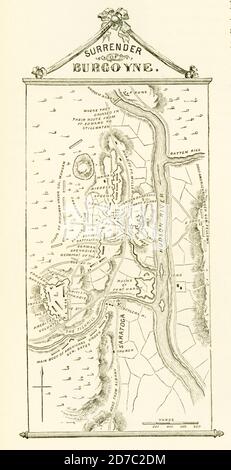 Kapitulation Burgoyne. Die Kapitulation des britischen Generals John Burgoyne in Saratoga, New York, erfolgte am 17. Oktober 1777. Burgoynes Kapitulation folgte Schlachten mit dem amerikanischen General Horatio Gates in der Nähe von Saratoga im September und Oktober 1777. Während die Briten während beider Engagements Männer und Verteidigung verloren, zog sich Burgoyne mit einer geschwächten Armee nach Saratoga zurück, wo er sich General Gates unterwarf. Dieser Wendepunkt in der amerikanischen Revolution verhinderte, dass die Briten Neuengland von den übrigen Kolonien trennten, und er war der entscheidende Faktor, um den Amerikanern aktive französische Unterstützung zu bringen Stockfoto