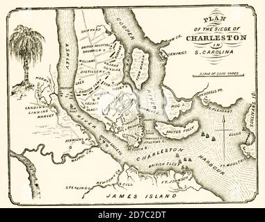 Planof Belagerung von Charleston in South Carolina. Die Belagerung von Charleston 1780 war ein entscheidender Erfolg für die Briten während des Krieges der amerikanischen Revolution, als sie ihre Strategie verlagerten, sich auf das südliche Theater zu konzentrieren. Die Eroberung der Stadt und ihres Hafens gab ihnen eine wichtige Basis, um Operationen in ihrem Versuch durchzuführen, die Unterstützung der amerikanischen Loyalisten zu sammeln und die südlichen Staaten zurückzuerobern. Stockfoto