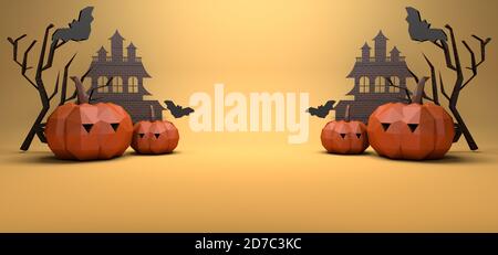 Halloween Hintergrund. Gruseliger Kürbis mit Fledermäuse und dunklem Holz. Halloween-Design mit Copy Space 3d Illustration Stockfoto