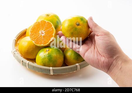 Frühe japanische Mandarinorangen auf weißem Hintergrund. Die Hand eines Mannes, der sie hält. Stockfoto