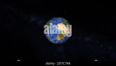 Schöne Foto realistische 3d Erde auf Raum. .Vorderansicht der Erde aus dem Weltraum mit Wolken und grünen Landschaften Vollansicht Erde 4k Auflösung. Stockfoto