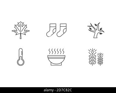 Herbstikone aus Blatt, Socken, Bäumen, niedrigen Temperaturen, heißer Suppe und Wein Stock Vektor