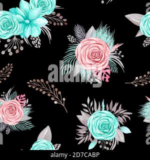 Nahtloses Blumenmuster. Blumen Rose, Magnolie, Eukalyptuszweige, Grün auf schwarzem Hintergrund Stockfoto