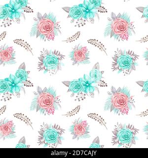 Nahtloses Blumenmuster. Blumen Rose, Magnolie, Eukalyptuszweige, Grün auf weißem Hintergrund Stockfoto