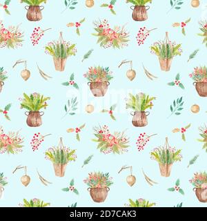 Nahtloses Muster Winter Blumenarrangement auf blauem Hintergrund. Botanische Kollektion von dekorativen Elementen für Weihnachtshochzeits-Einladungen, postca Stockfoto