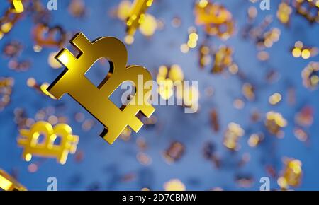 Crypto Glücksspiel Konzept Hintergrund. Golden Bitcoin Zeichen, glücklicher Jackpot Gewinner. Digitales 3D-Rendern. Stockfoto