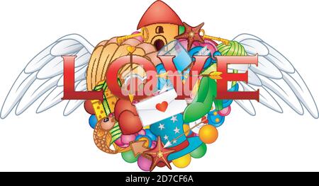 Cartoon handgezeichnete Kritzeleien Liebe Herz mit Engelsflügeln Stock Vektor