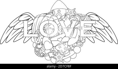 Vektor-Illustration von Liebe Hand Schriftzug und kritzelt Elemente mit Engelsflügel Stock Vektor