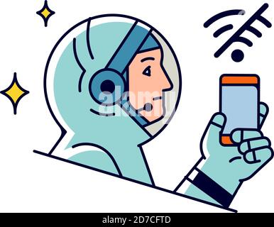 Astronaut mit einem Mobiltelefon. Vektor. Astronaut Icon mit Smartphone. Internet-Suche und wi-Fi. Verbot oder Erlaubnis zur Kommunikation. Umriss fl Stock Vektor