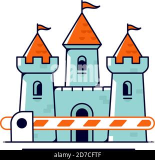 Mittelalterliche Burg mit Tor. Vektor. Kein Eintrag und kein Beenden-Symbol. Allegorie und Metapher des Sperrgebiets. Umreißen Sie den flachen Stil. Illustration für Websit Stock Vektor