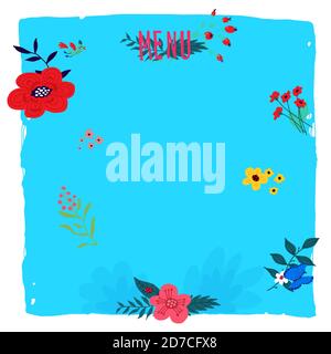 Blauer Blumenhintergrund für Text. Vektor. Flora auf einem Platz. Designvorlage für Briefe, Menüs und Verpackungen. Stock Vektor