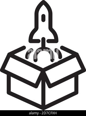 Raketensymbol wird aus der Box entfernt. Vektor. Metapher und Allegorie neuer Projekte in der Wirtschaft. Umrissstil. Illustration für Website oder Print. Stock Vektor