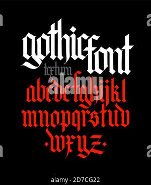 Im gotischen Stil Alphabet. Vektor. Buchstaben und Symbole auf schwarzem Hintergrund. Kalligraphie mit einer weißen Markierung. Mittelalterliche lateinische Buchstaben. Elegante Schriftart für ta Stock Vektor