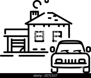 Symbol für Auto, Haus und Reichtum. Vektor. Umrissstil. Illustration für Website oder Print. Stock Vektor