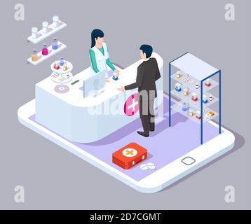 Online-Apotheke. Drogerietheke, Arzt Apotheker, Patient auf Smartphone-Bildschirm, flache Vektor isometrische Illustration. Stock Vektor