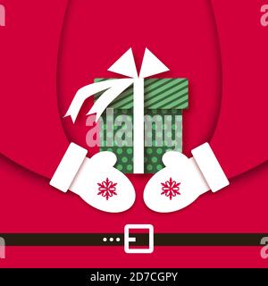 Frohe Weihnachten Grußkarte mit Santa Claus Hände halten grüne geschenkbox mit weißer Schleife. Frohes neues Jahr im papercraft-Stil. Rot. Winterurlaub. Stock Vektor