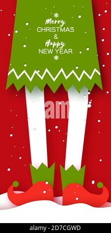 Frohe Weihnachten Gruß Banner mit Elf. Niedliches Gnome Kostüm. Weihnachtsbaum. Frohes neues Jahr im papercraft-Stil. Rot. Winterurlaub. Stock Vektor