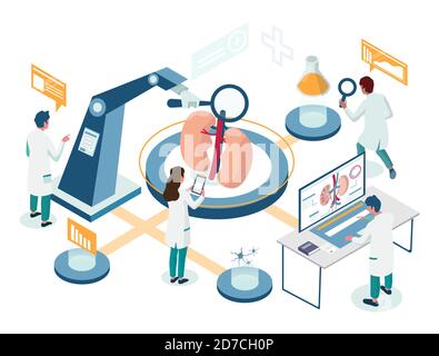 Nierenlabor Forschung isometrisches Flussdiagramm, Vektor-Illustration. Männliche, weibliche Charaktere, die im Labor der Nephrologie arbeiten. Stock Vektor