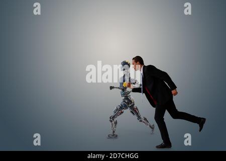 Business-Mann versuchen, einen Wettbewerb, Rennen, Kampf, Kampf mit Roboter oder künstliche Intelligenz für den Kampf um Arbeit, Chance, Job, Gelegenheit usw. zu machen Stockfoto
