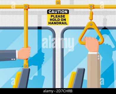 Handlauf beim Transport. Griffe für den sicheren Transport von Fahrgästen in Bus, U-Bahn, Zug. Gerader und dreieckiger gelber Griff. Sitze, Fenster und Handlauf. Flache Vektorgrafik Stock Vektor