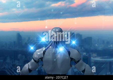 Futuristisches Konzept der Künstlichen Intelligenz. Roboternutzungstechnologie einschließlich Digital Twin, 5g, Big Data, Künstliche Intelligenz, Machine Deep Learning, Stockfoto