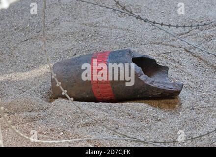 Explodierte Muschel an einem Strand, selektiver Fokus Stockfoto