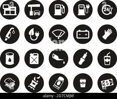 Symbole Für Die Tankstelle Oder Die Gaspumpe Weiß Auf Schwarz Flach Design Kreis Set Groß Stock Vektor