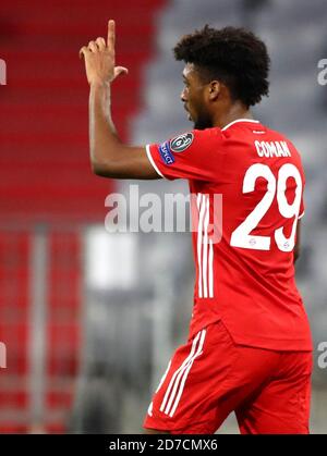 München, Deutschland. Oktober 2020. Fußball: Champions League, FC Bayern München - Atlético Madrid. Gruppenphase, Gruppe A, Matchday 1 in der Allianz Arena. Kingsley Coman von Bayern München feiert sein 1:0-Tor. Quelle: Matthias Schrader/Pool AP/dpa/Alamy Live News Stockfoto