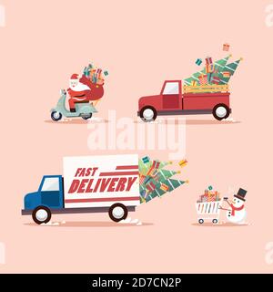 Weihnachtslieferkonzept. weihnachtsmann fahren ein Motorrad. LKW Lieferung Geschenke Box. Schneemann schiebt einen Einkaufswagen. Vektorgrafik Stock Vektor