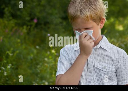 Ein Junge bläst seine Nase in ein Taschentuch Ein Spaziergang im Park im Sommer Stockfoto