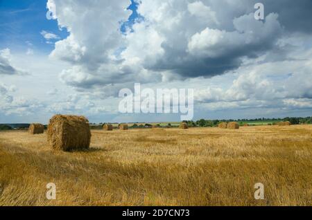 Dunkle stürmische Wolken über dem Farmfeld mit Heuhaufen. Stockfoto