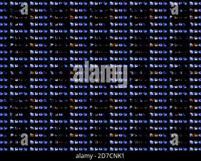 Blaue und goldfarbene Edelsteine wiederholendes Muster auf schwarzem Hintergrund. Modernes Design-Element. Stockfoto